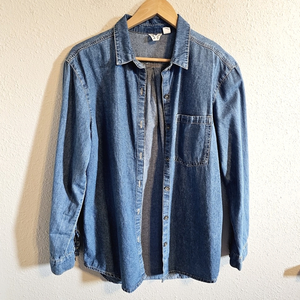 Roxy | Seaside Town Oversized Denim Blue Button Down Cotton Shirt Size XS